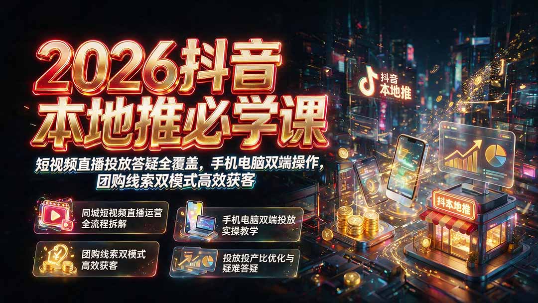（19618期）2026抖音本地推必学课｜短视频直播投放答疑全覆盖，手机电脑双端操作，团购线索双模式高效获客-知创网