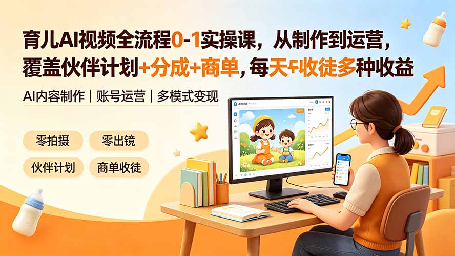 (19236期)育儿AI视频全流程0-1实操课,从制作到运营,覆盖伙伴计划+分成+商单+收徒多种收益,每天500+收益-知创网