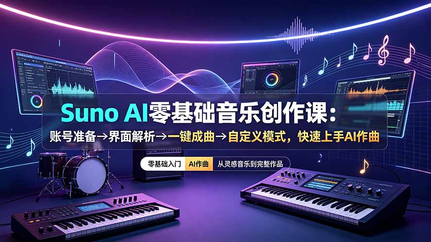 （19264期）Suno AI零基础音乐创作课：账号准备→界面解析→一键成曲→自定义模式，快速上手AI作曲-知创网
