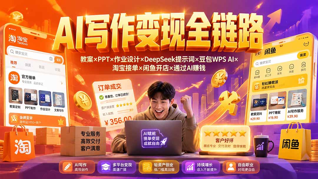 （19561期）2026AI写作变现全链路：教案×PPT×作业设计×DeepSeek提示词×豆包WPS AI×淘宝接单×闲鱼开店×通过AI賺钱-知创网
