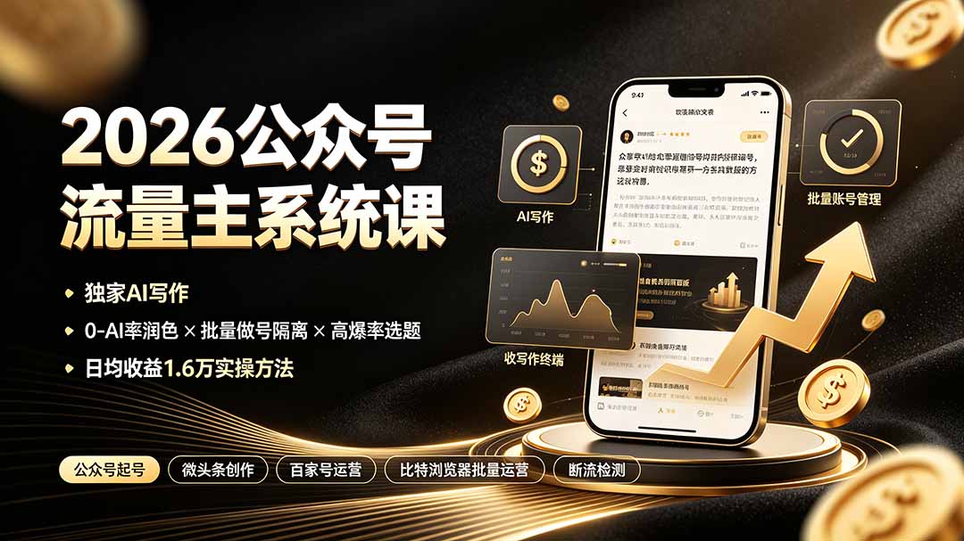 （19405期）2026公众号流量主系统课：独家AI写作×0-AI率润色×批量做号隔离×高爆率选题，日均收益1.6万实操方法-知创网