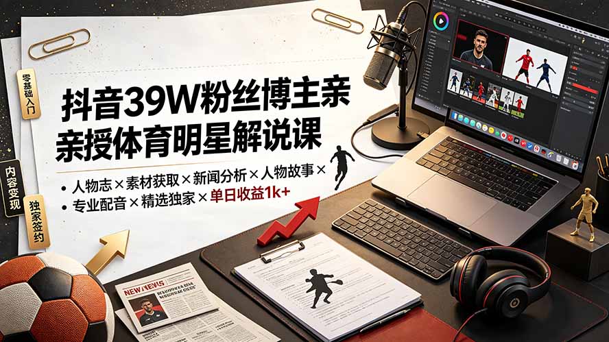 (19476期)抖音39W粉丝博主亲授体育明星解说课:人物志×素材获取×新闻分析×人物故事×专业配音×精选独家×单日收益1k+-知创网