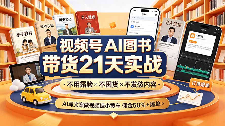 (19476期)视频号AI图书带货21天实战:不用露脸×不囤货×不发愁内容,AI写文案做视频挂小黄车,佣金50%+爆单-知创网