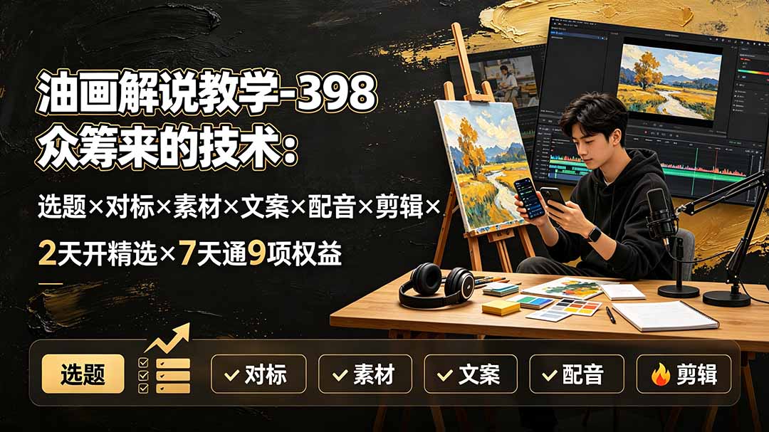 (19527期)油画解说教学-398众筹来的技术:选题×对标×素材×文案×配音×剪辑×2天开精选×7天通9项权益-知创网