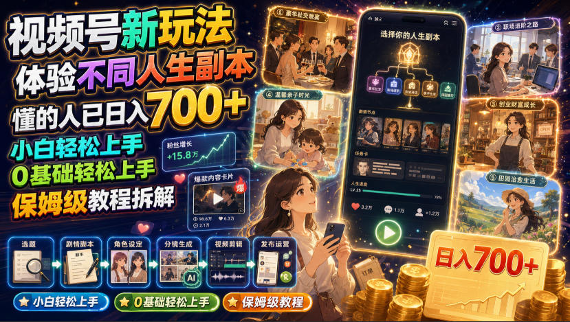 视频号新玩法体验不同人生副本,懂的人已日入700+,小白轻松上手,0基础轻松上手,保姆级教程拆解-知创网