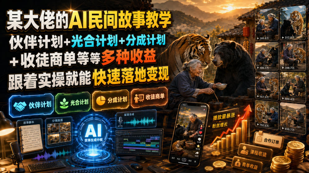 某大佬的AI民间故事教学,伙伴计划+光合计划+分成计划+收徒商单等多种收益,跟着实操就能快速落地变现-知创网