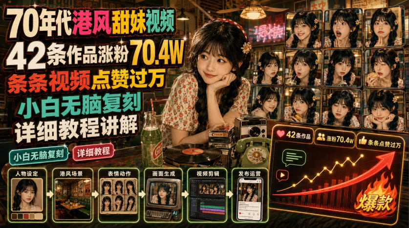 70年代港风甜妹视频,42条作品涨粉70.4W,条条视频点赞过万,小白无脑复刻,详细教程讲解-知创网