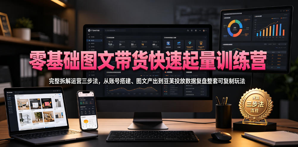 零基础图文带货快速起量训练营，完整拆解运营三步法，从账号搭建、图文产出到豆荚投放数据复盘整套可复制玩法-知创网