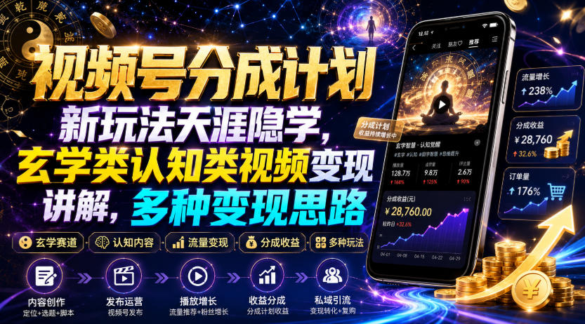 视频号分成计划新玩法天涯隐学，玄学类认知类视频变现讲解，多种变现思路-知创网