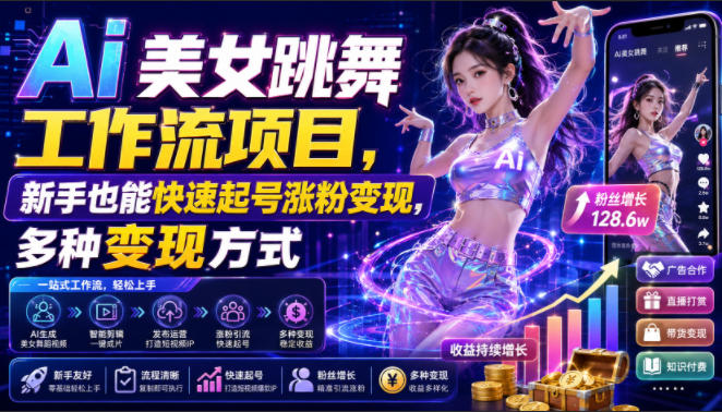 Ai美女跳舞工作流项目,新手也能快速起号涨粉变现,多种变现方式-知创网