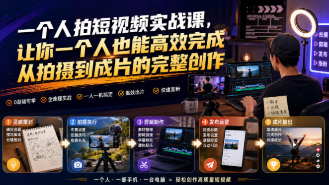 一个人拍短视频实战课，让你一个人也能高效完成从拍摄到成片的完整创作-知创网