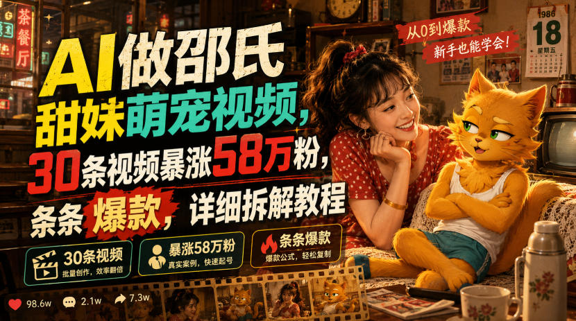 AI做邵氏甜妹萌宠视频,30条视频暴涨58万粉,条条爆款,详细拆解教程-知创网
