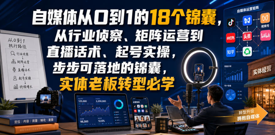 自媒体从0到1的18个锦囊,从行业侦察、矩阵运营到直播话术、起号实操,步步可落地的锦囊,实体老板转型必学-知创网