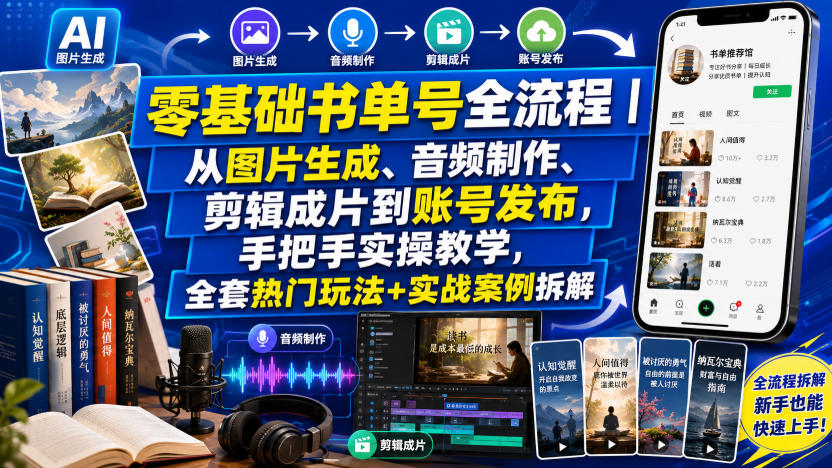 零基础书单号全流程|从图片生成、音频制作、剪辑成片到账号发布,手把手实操教学,全套热门玩法+实战案例拆解-知创网