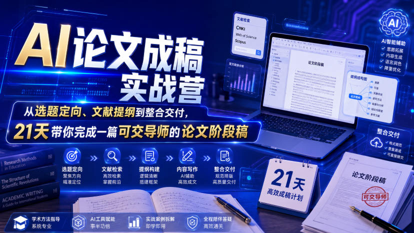 AI论文成稿实战营，从选题定向、文献提纲到整合交付，21天带你完成一篇可交导师的论文阶段稿-知创网