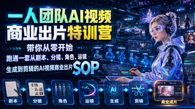 一人团队AI视频商业出片实战课:带你从零开始跑通一套从剧本、分镜、角色、运镜、生成到剪辑的AI视频商业出片SOP-知创网