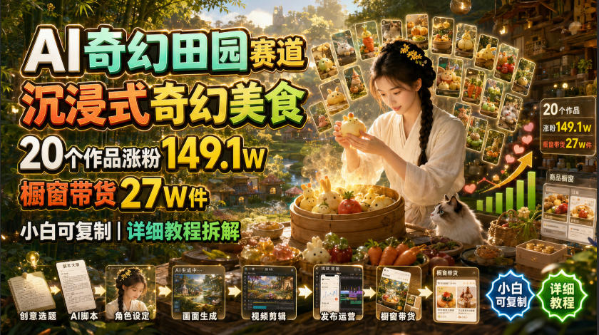 AI奇幻田园赛道，沉浸式奇幻美食，20个作品涨粉149.1W，橱窗带货27W件，小白可复制，详细教程拆解-知创网