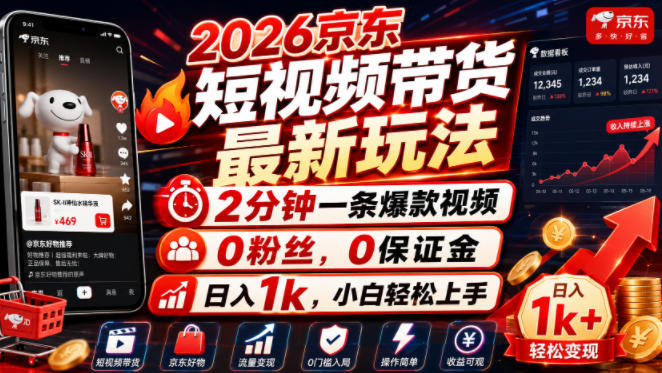 2026京东短视频带货最新玩法，2分钟一条爆款视频，0粉丝，0保证金，日入1k，小白轻松上手【揭秘】-知创网