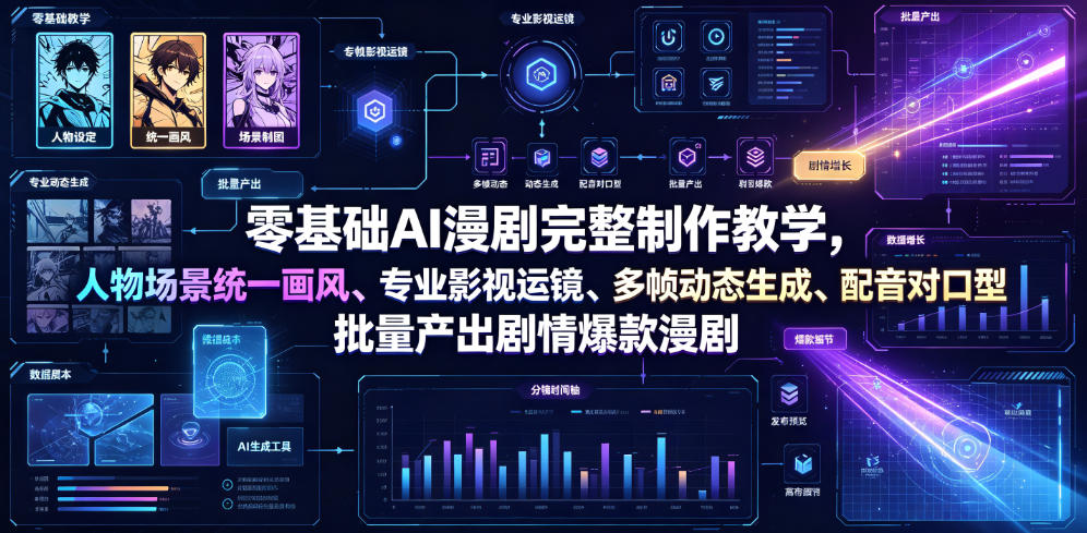 零基础AI漫剧完整制作教学，人物场景统一画风、专业影视运镜、多帧动态生成、配音对口型，批量产出剧情爆款漫剧-知创网
