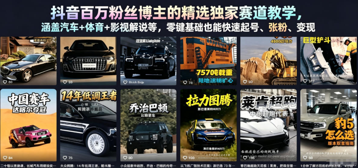 抖音百万粉丝博主的精选独家赛道教学,涵盖汽车+体育+影视解说等,零基础也能快速起号、涨粉、变现(更新0701)-知创网
