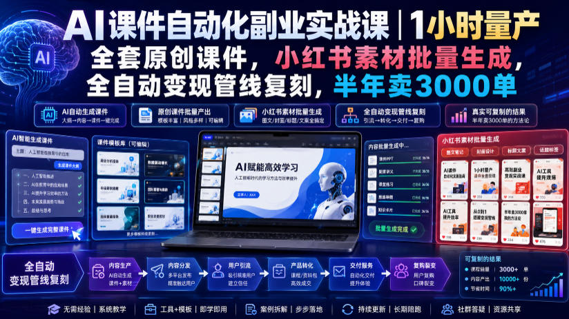 AI课件自动化副业实战课｜1小时量产全套原创课件，小红书素材批量生成，全自动变现管线复刻，半年卖3000单-知创网