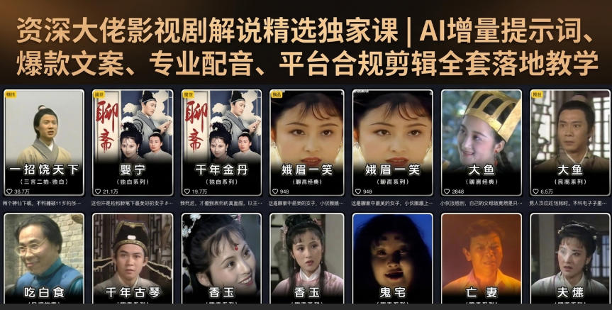 资深大佬影视剧解说精选独家课｜AI增量提示词、爆款文案、专业配音、平台合规剪辑全套落地教学-知创网