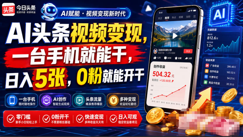 AI头条视频变现，一台手机就能干，日入5张，0粉就能开干-知创网
