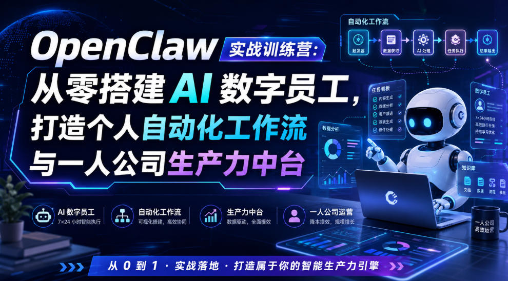 OpenClaw实战训练营：从零搭建AI数字员工，打造个人自动化工作流与一人公司生产力中台-知创网