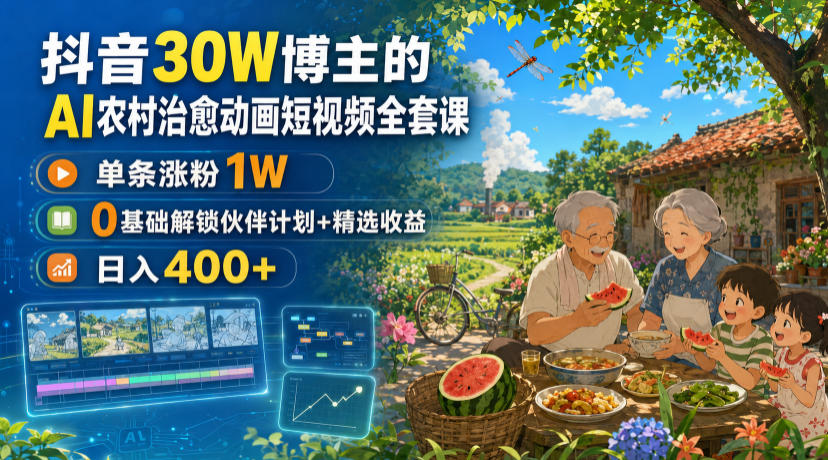 抖音30W博主的AI农村治愈动画短视频全套课|单条涨粉1W,0基础解锁伙伴计划+精选收益,日入400+-知创网