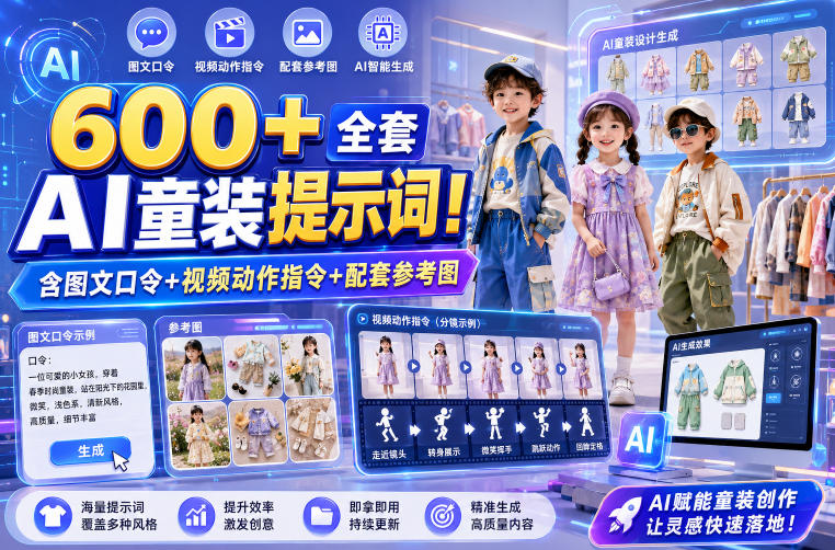 600+全套AI童装提示词！含图文口令+视频动作指令+配套参考图，Word-Excel规整分类，童装电商、种草无脑量产内容！-知创网