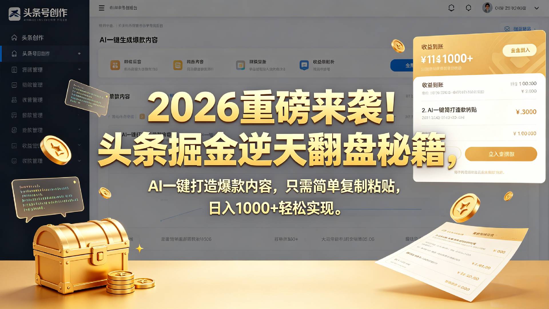 2026 重磅来袭！头条掘金逆天翻盘秘籍，AI 一键打造爆款内容，只需简单复制粘贴，日入 1000 + 轻松实现！-知创网
