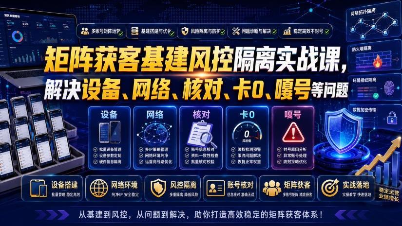 矩阵获客基建风控隔离实战课，解决设备、网络、核对、卡0、嘎号等问题-知创网