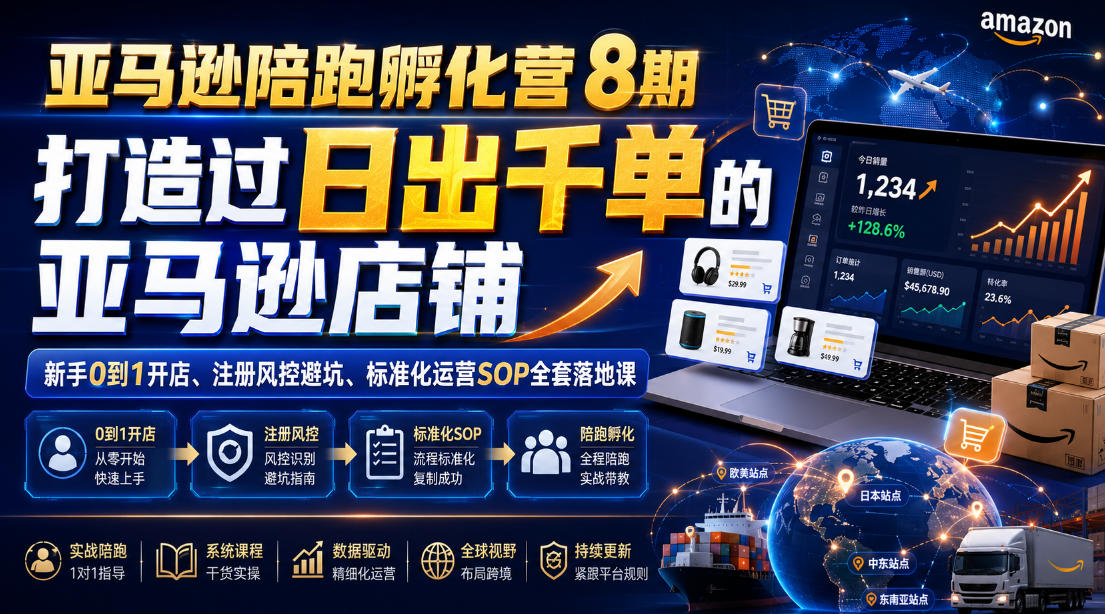 亚马逊陪跑孵化营8期，打造过日出千单的亚马逊店铺，新手0到1开店、注册风控避坑、标准化运营SOP全套落地课-知创网
