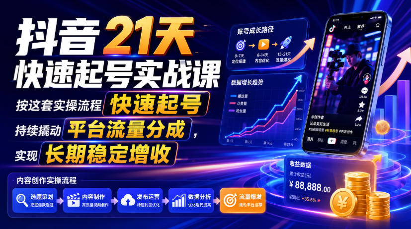 抖音21天快速起号实战课,按这套实操流程快速起号,持续撬动平台流量分成,实现长期稳定增收-知创网
