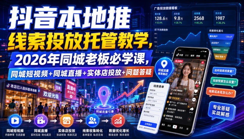 抖音本地推线索投放托管教学，2026年同城老板必学课，同城短视频+同城直播+实体店投放+问题答疑-知创网