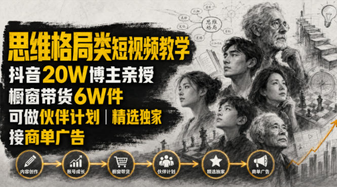 人性思维格局类短视频教学,抖音20W博主亲授,橱窗带货6W件,可做伙伴计划、精选独家、接商单广告-知创网