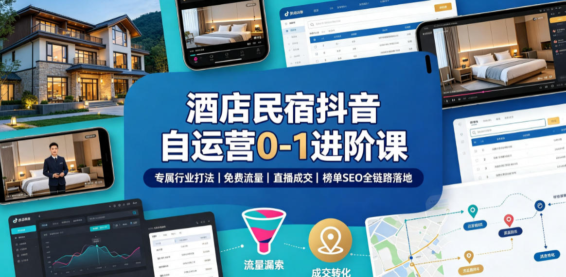 酒店民宿抖音自运营0-1进阶课|专属行业打法、免费流量+直播成交+榜单SEO全链路落地-知创网