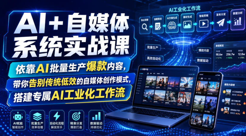 AI+自媒体系统实战课，依靠AI批量生产爆款内容，带你告别传统低效的自媒体创作模式，搭建专属AI工业化工作流-知创网