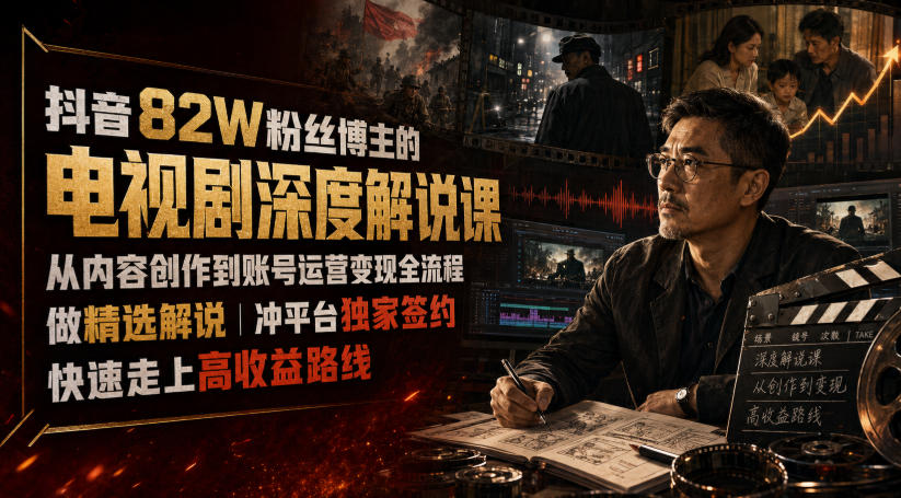 抖音82W粉丝博主的电视剧深度解说课，从内容创作到账号运营变现全流程，做精选解说，冲平台独家签约，快速走上高收益路线-知创网