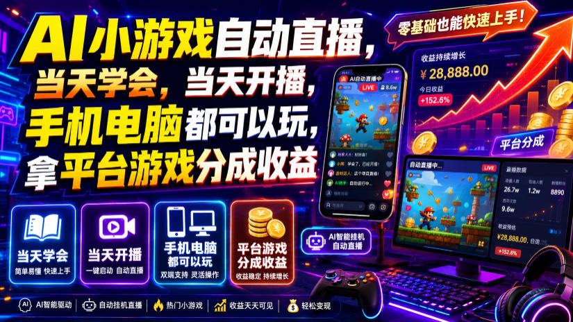 AI小游戏自动直播,当天学会,当天开播,手机电脑都可以玩,拿平台游戏分成收益-知创网