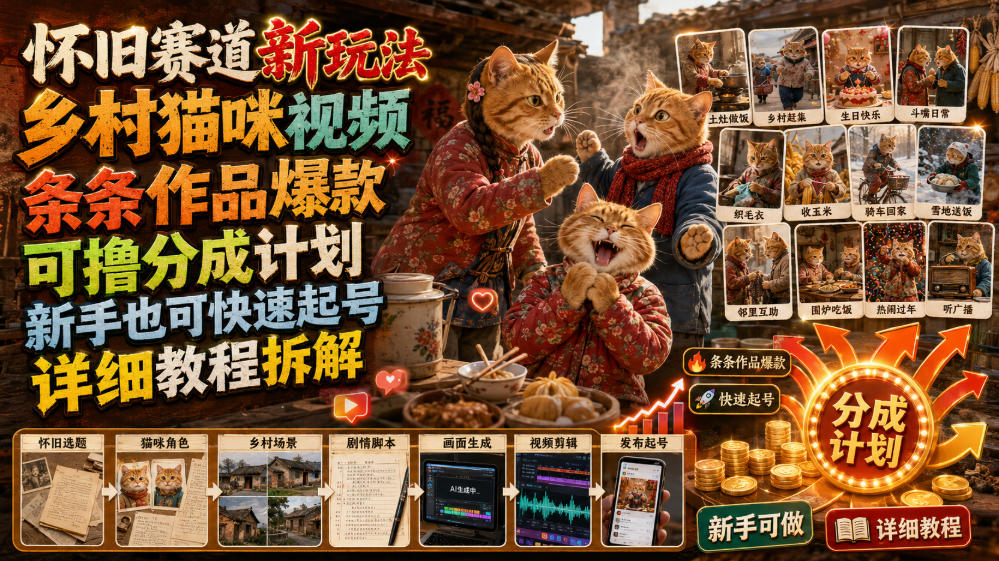 怀旧赛道新玩法，乡村猫咪视频，条条作品爆款，可撸分成计划，新手也可快速起号，详细教程拆解-知创网