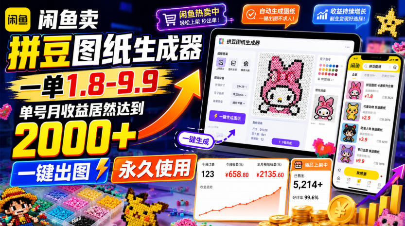 闲鱼卖拼豆图纸生成器，一单1.8-9.9，单号月收益居然达到2000+一键出图永久使用-知创网