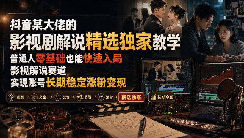 抖音某大佬的影视剧解说精选独家教学，普通人零基础也能快速入局影视解说赛道，实现账号长期稳定变现-知创网