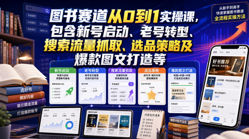 图书赛道从0到1实操课，包含新号启动、老号转型、搜索流量抓取、选品策略及爆款图文打造等-知创网
