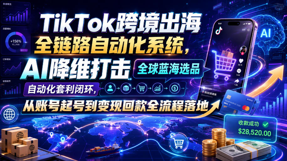 TikTok跨境出海全链路自动化系统，AI降维打击全球蓝海选品自动化套利闭环，从账号起号到变现回款全流程落地（2026年7月）-知创网