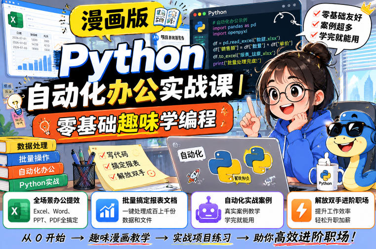 漫画版Python自动化办公实战课｜零基础趣味学编程，全场景办公提效、批量搞定报表文档、解放双手进阶职场-知创网