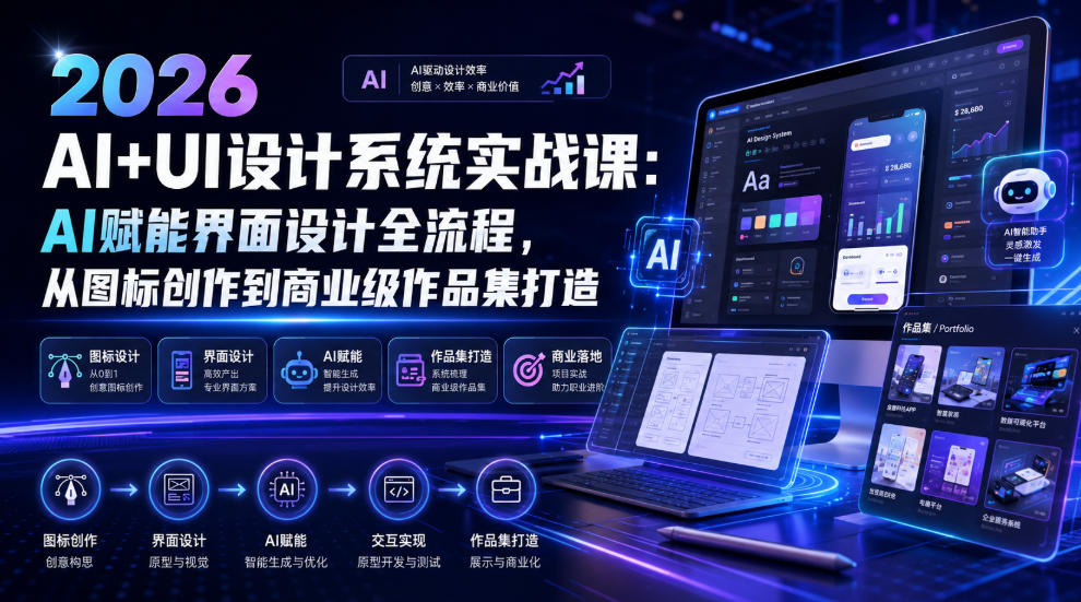 2026 AI+UI设计系统实战课：AI赋能界面设计全流程，从图标创作到商业级作品集打造-知创网