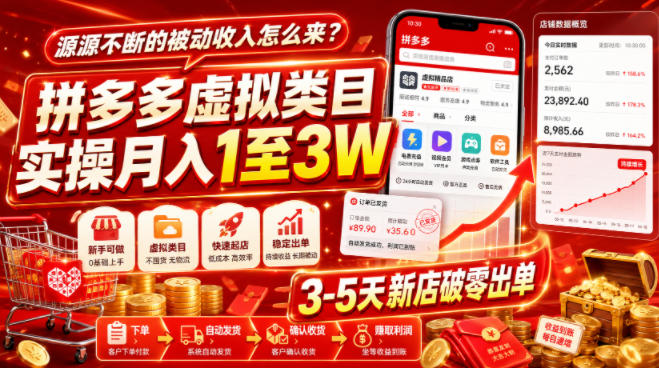 源源不断的被动收入怎么来？拼多多虚拟类目实操月入1至3W，3-5天新店破零出单-知创网