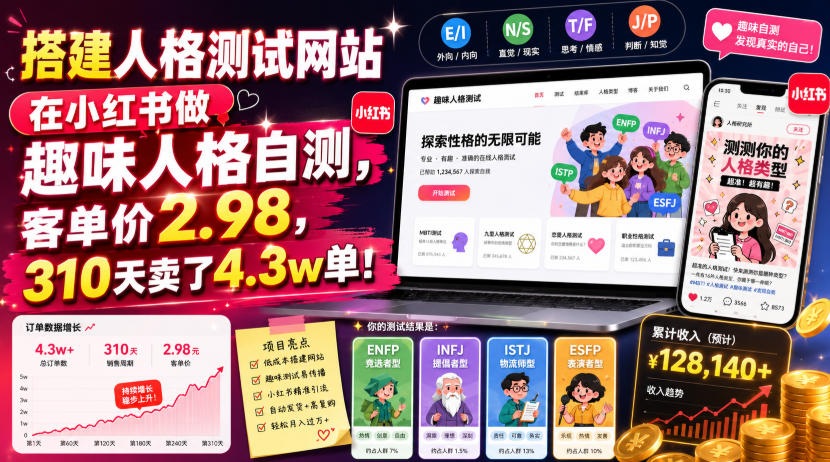 搭建人格测试网站在小红书做趣味人格自测，客单价2.98，310天卖了4.3w单！-知创网