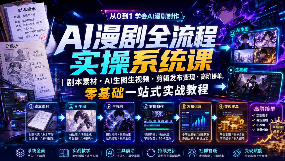 AI漫剧全流程实操系统课|剧本素材・AI生图生视频・剪辑发布变现・高阶接单,零基础一站式实战教程-知创网